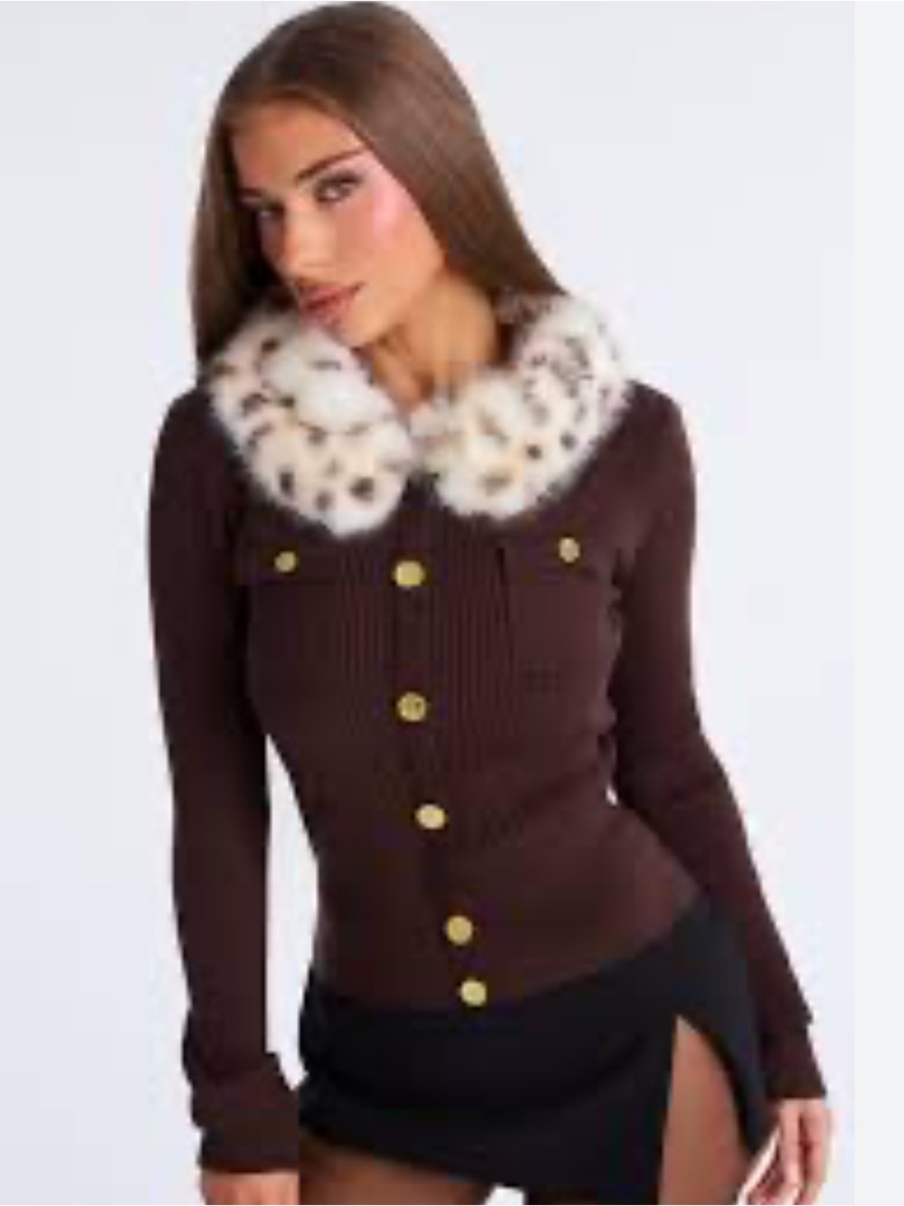 Fashion Nova Brown Ribbed Cardigan with Leopard Faux Fur Collar